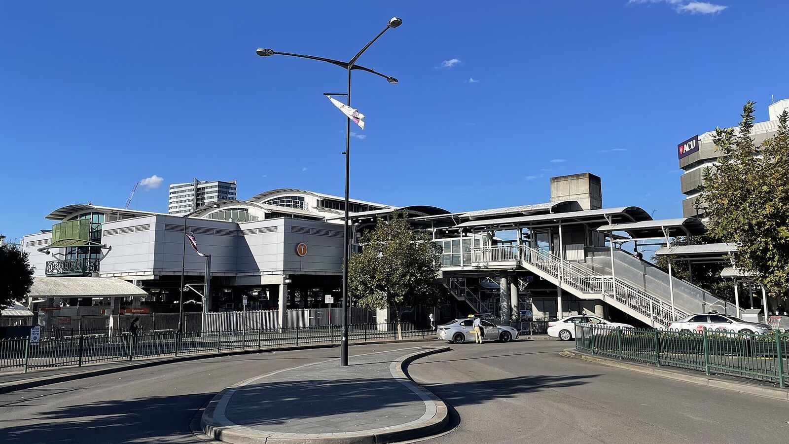 Blacktown station concourse and footbridge seen from the road outside