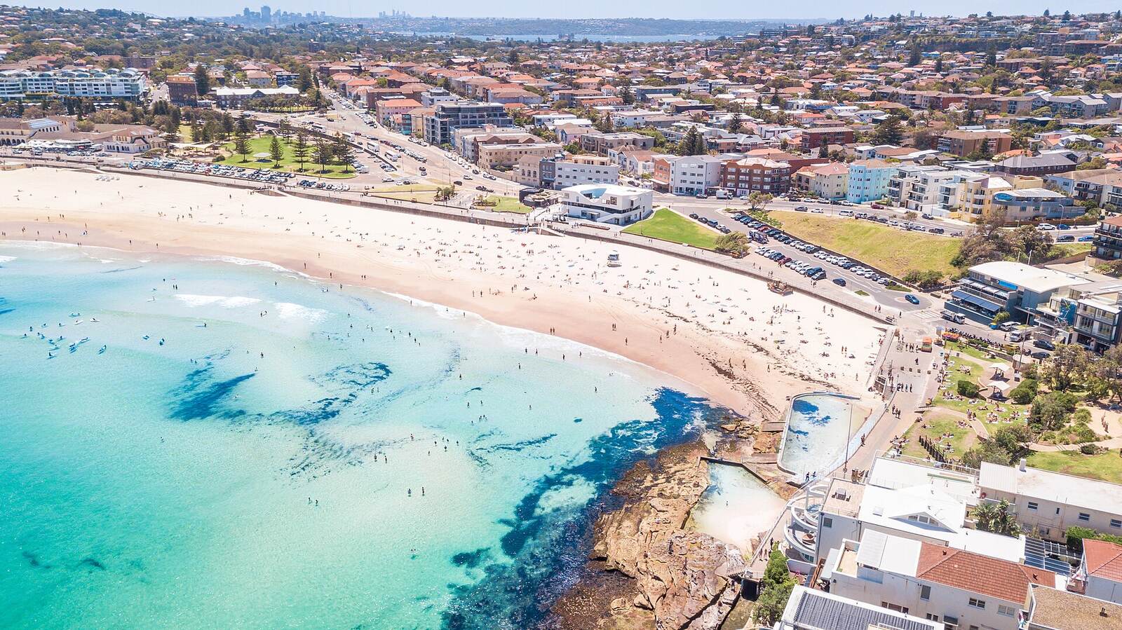 Aerial view of Bondi Beach, Bondi Park and the streets rising behind Campbell Parade