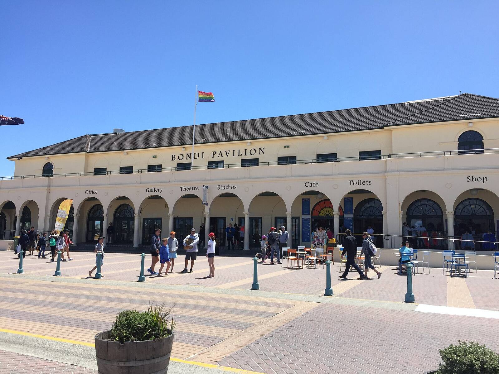 The arched front of Bondi Pavilion facing the beach promenade on a sunny day