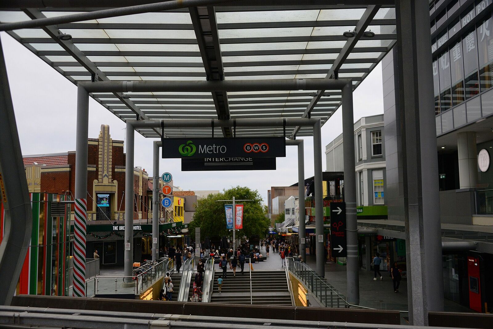 Covered steps leading down from Chatswood Interchange towards the Victoria Avenue pedestrian mall
