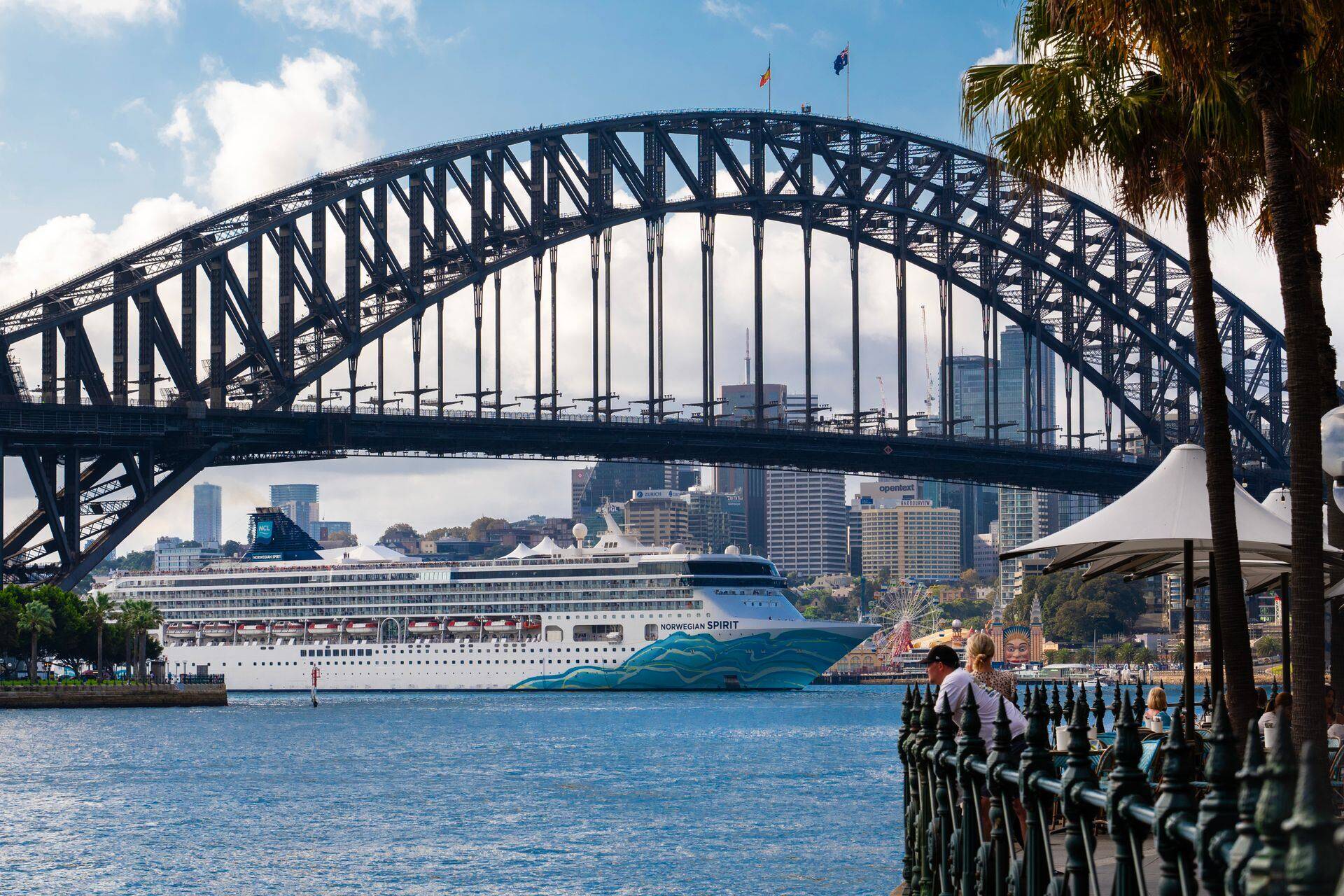 Cruise ship berthed beneath the Sydney Harbour Bridge