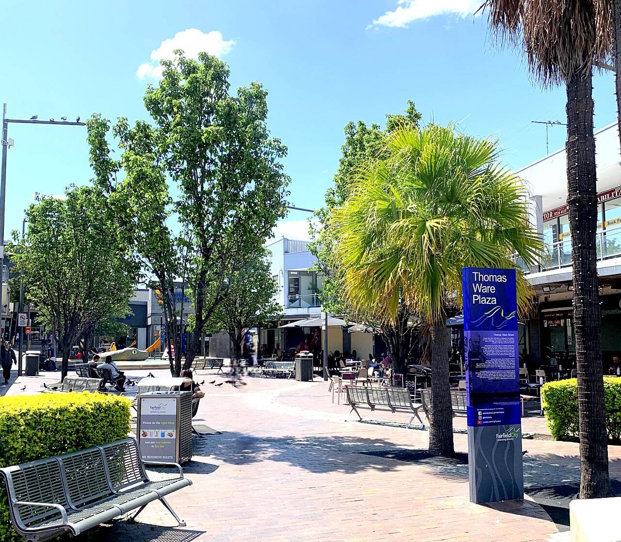Paved Thomas Ware Plaza in Fairfield with palm trees, benches and the plaza sign