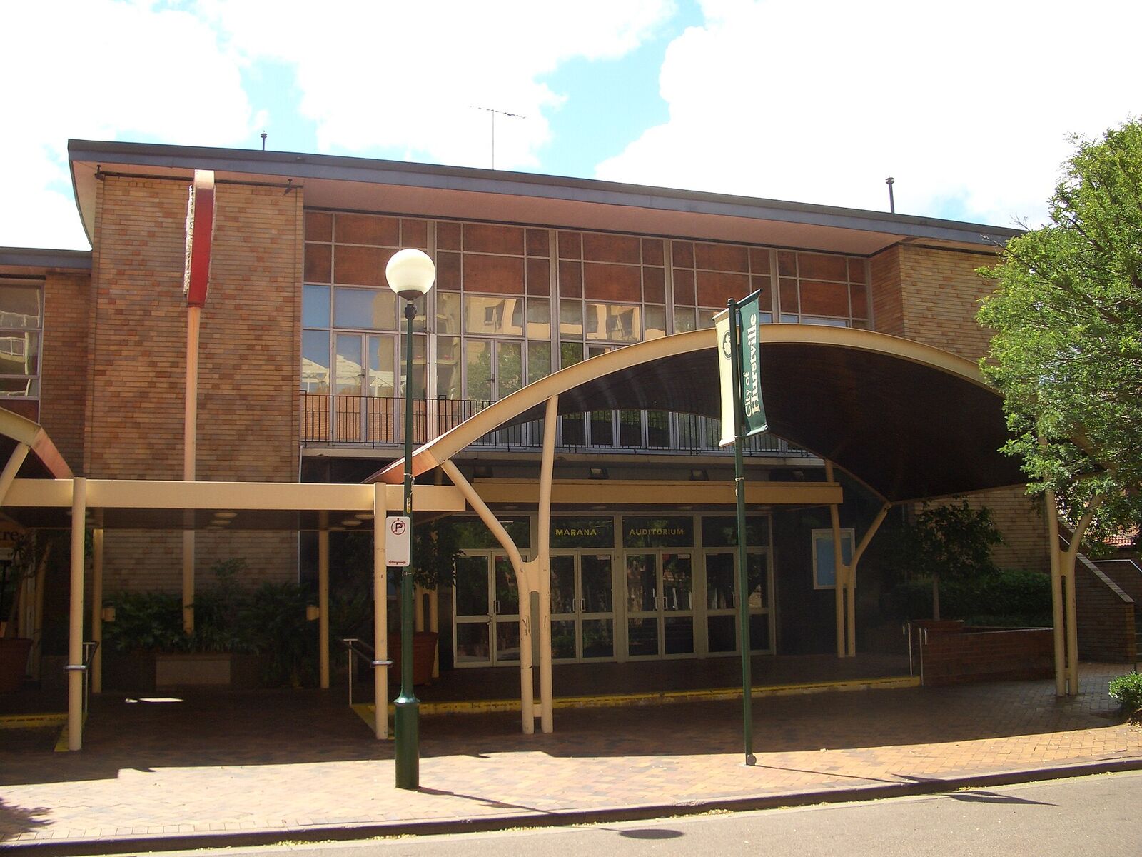 Curved entrance canopy of Hurstville Entertainment Centre on MacMahon Street