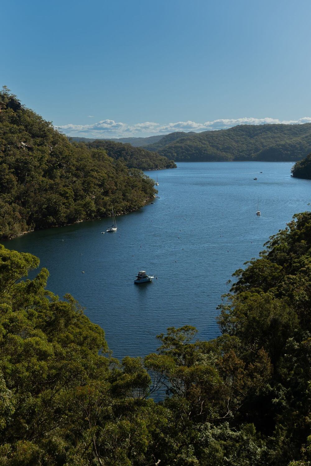 Wide waterway winding between steep bushland ridges in Ku-ring-gai Chase National Park