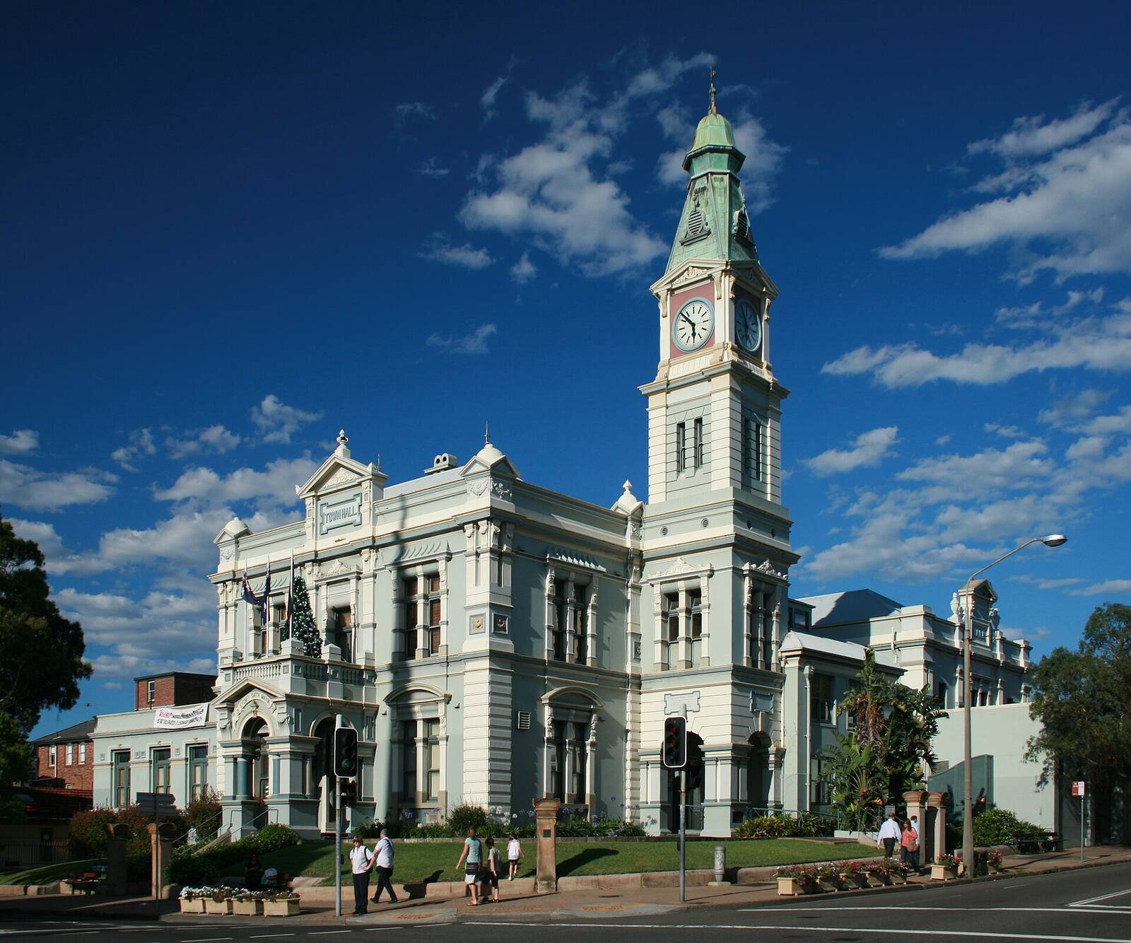 Leichhardt Town Hall and its white clock tower on the corner of Norton and Marion Streets