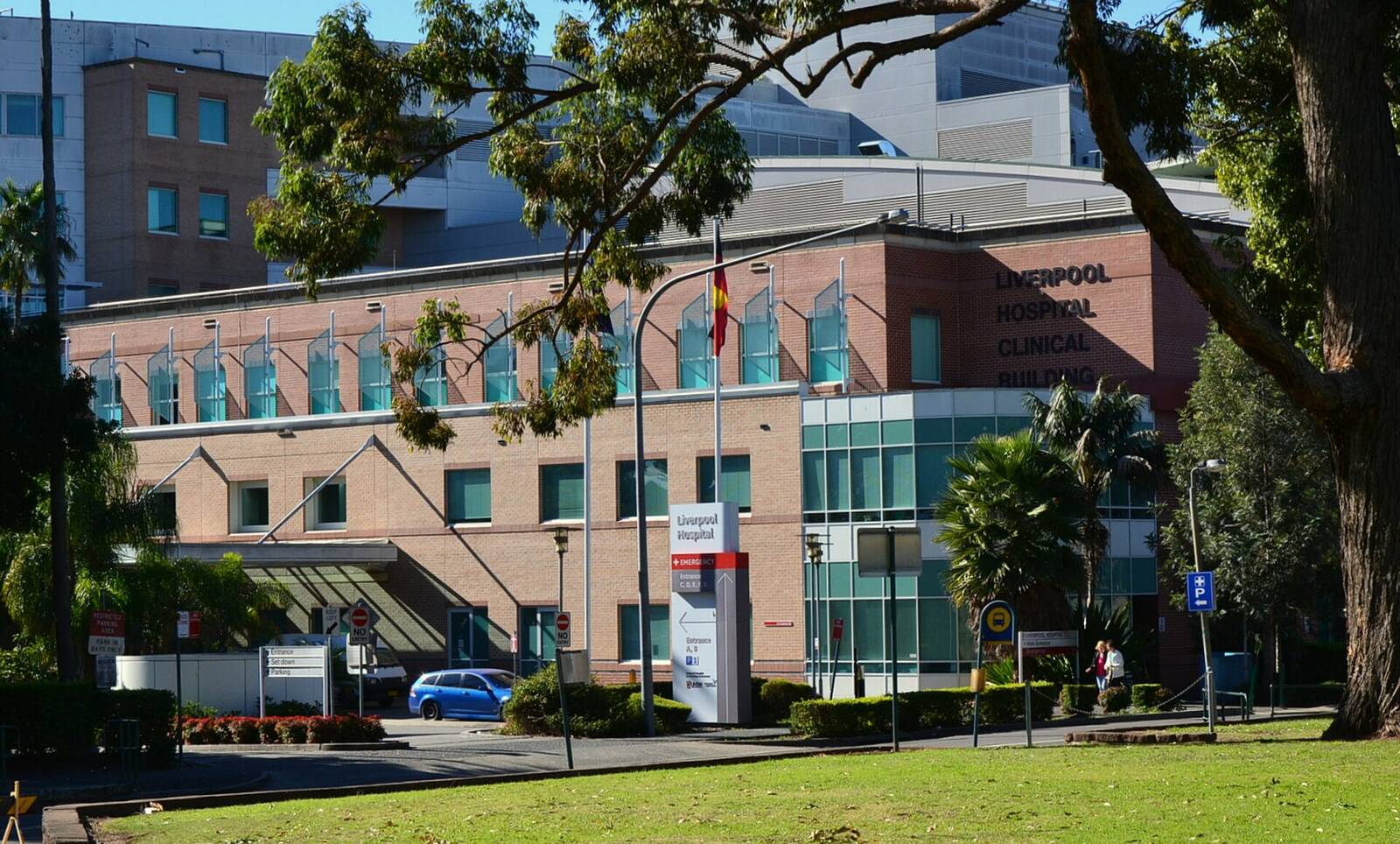 Brick Liverpool Hospital clinical building framed by trees and palms, with a hospital sign at the front