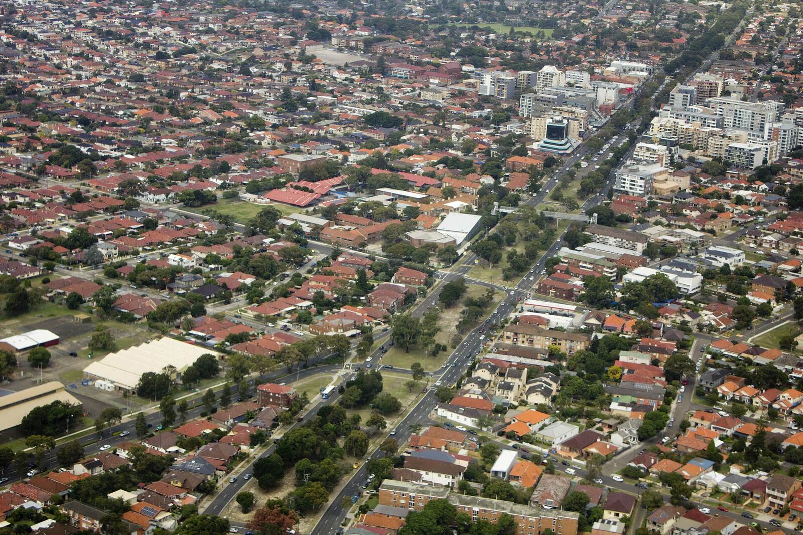 Aerial view over Kingsford and Maroubra, with the wide tree-lined median of Anzac Parade and apartment blocks beside it