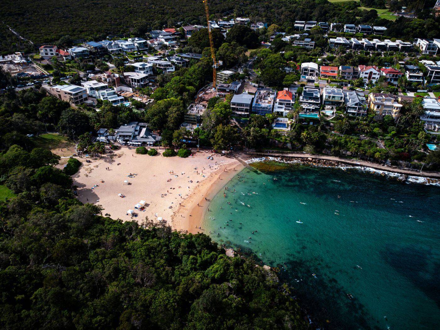 Aerial view of Shelly Beach near Manly with bushland and headland homes